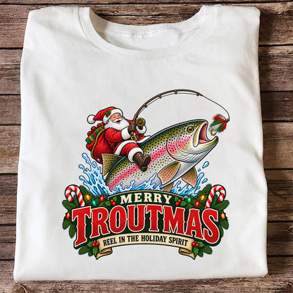 Merry Troutmas Reel in the Holiday Spirit Santa Riding Rainbow Trout Christmas Fishing T-Shirt