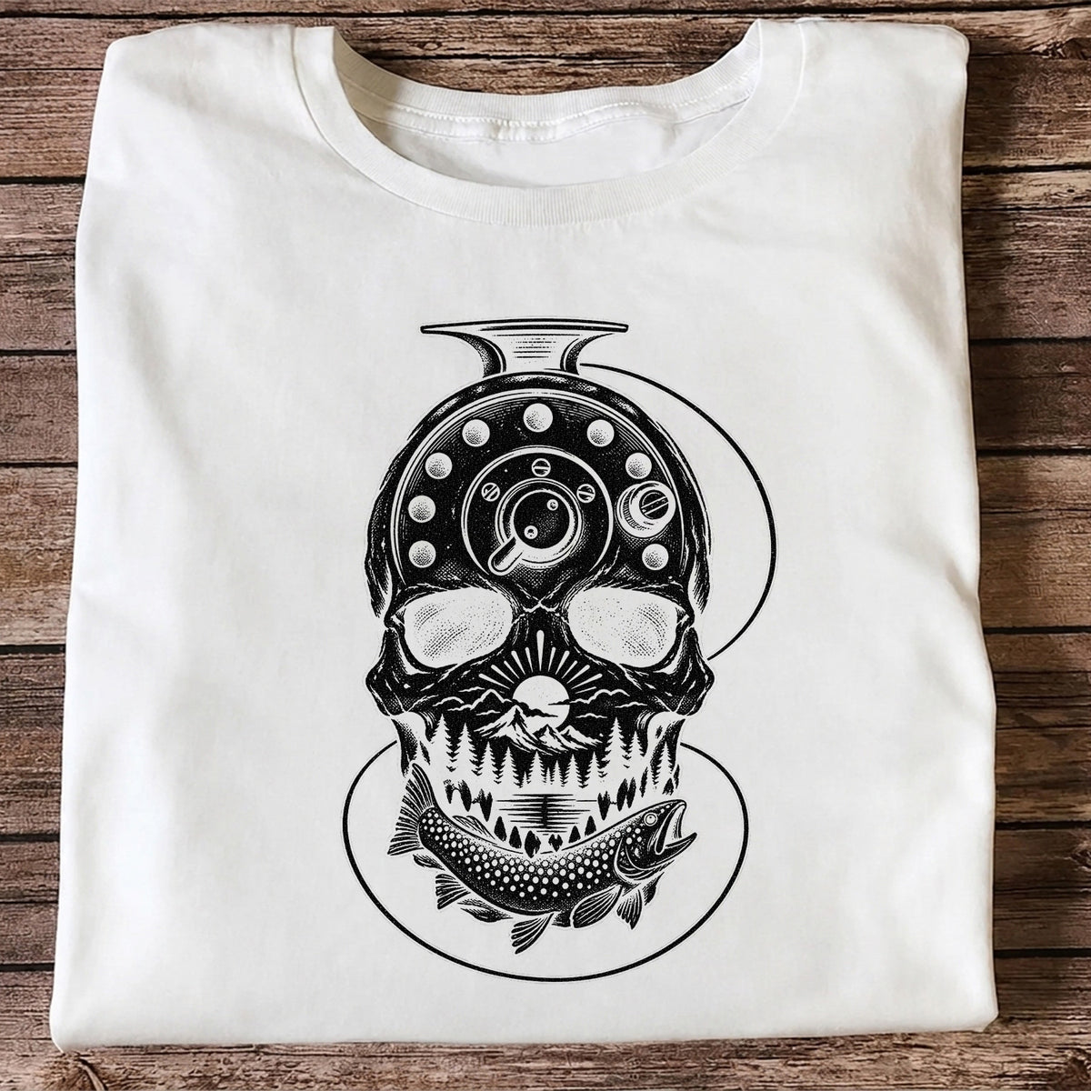Trout and Fly Fishing Reel Skull Mountain Graphic T-Shirt