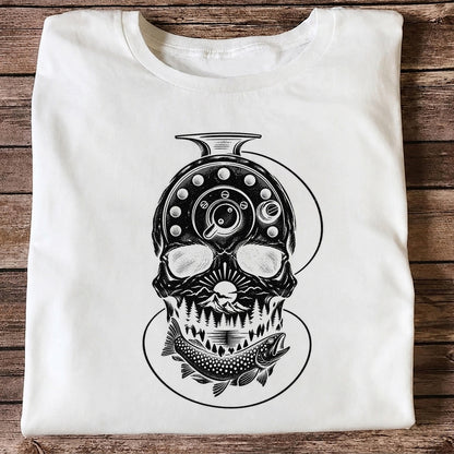 Trout and Fly Fishing Reel Skull Mountain Graphic T-Shirt