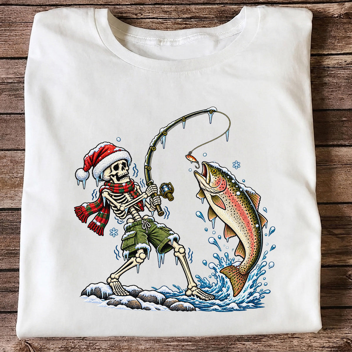 Christmas Skeleton Angler Catching a Rainbow Trout Fishing T-Shirt