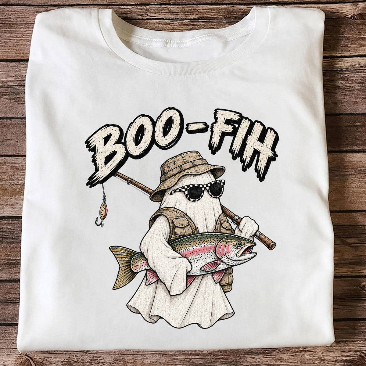 Boo-Fish Ghost Holding Rainbow Trout Fishing Graphic T-Shirt