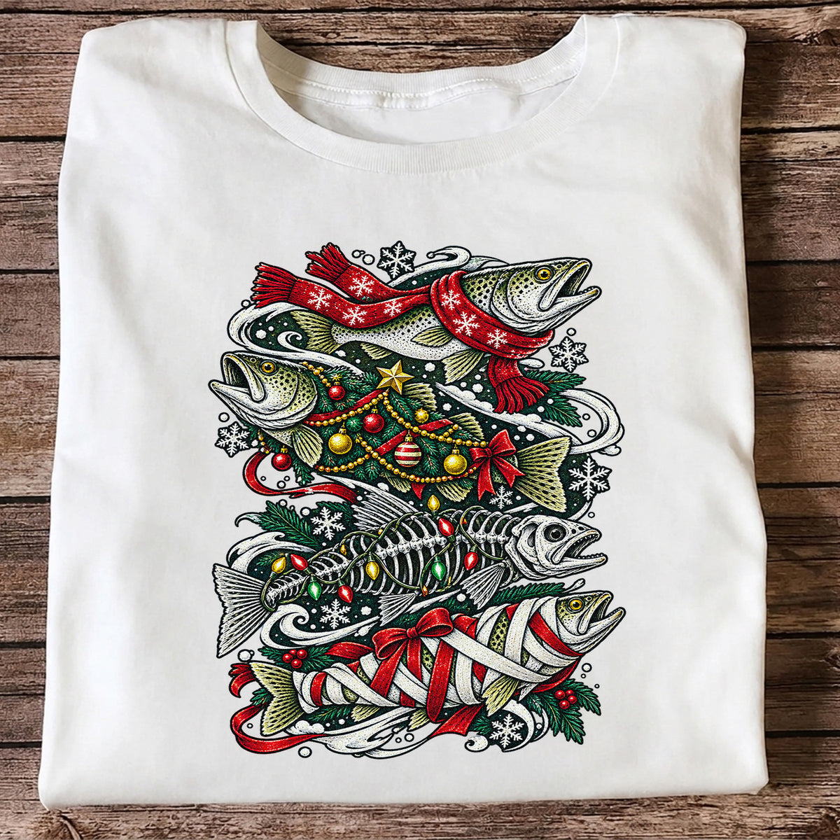 Christmas Trout and Fish Skeleton Holiday Fishing T-Shirt
