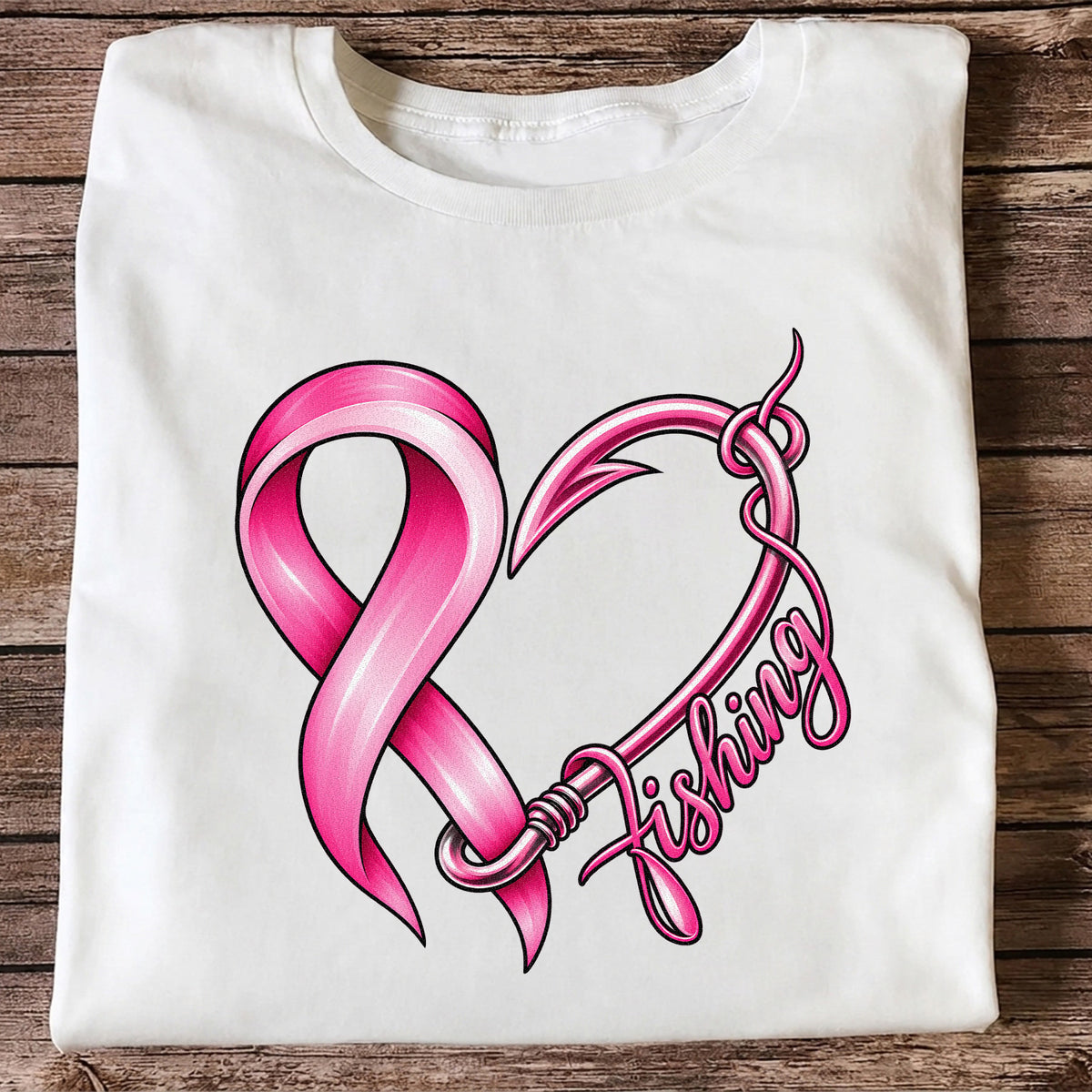 Pink Ribbon Heart Fish Hook Fishing Graphic T-Shirt