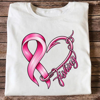 Pink Ribbon Heart Fish Hook Fishing Graphic T-Shirt