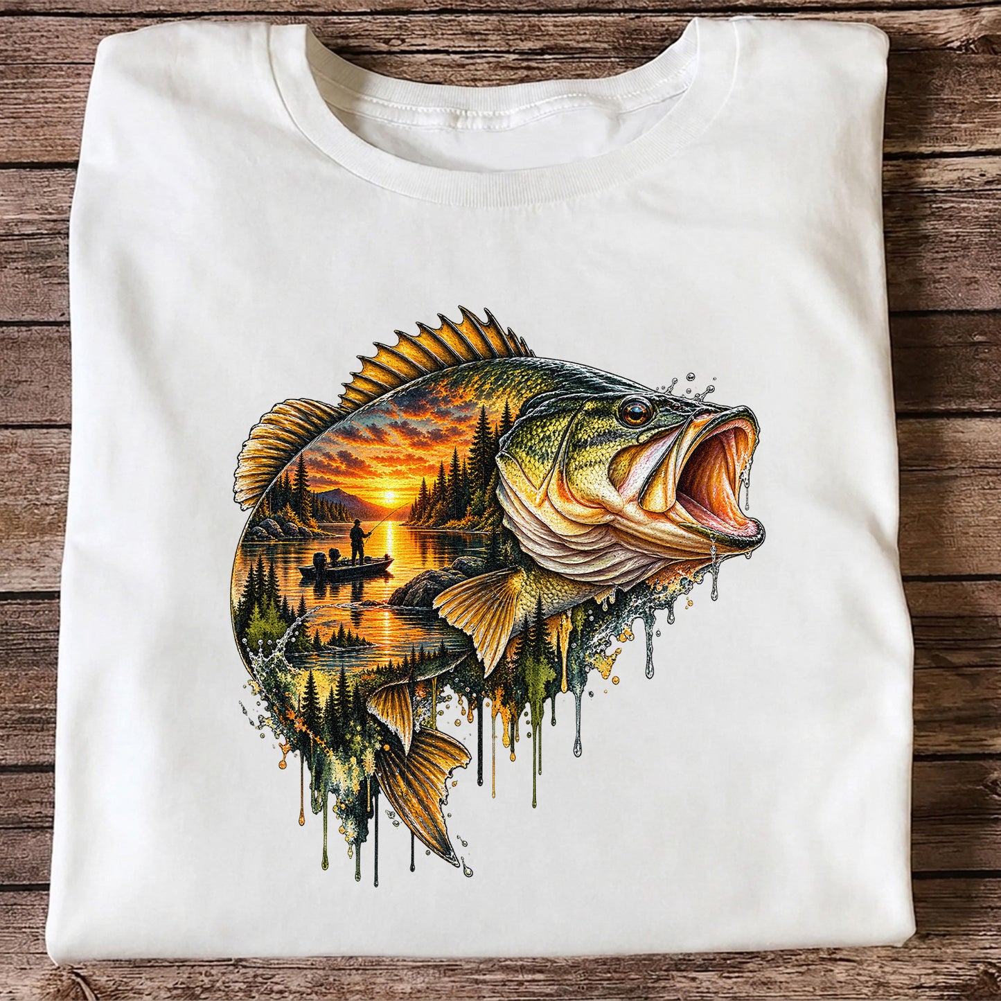 Largemouth Bass Sunset Lake Landscape Fishing Graphic T-Shirt