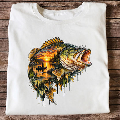 Largemouth Bass Sunset Lake Landscape Fishing Graphic T-Shirt