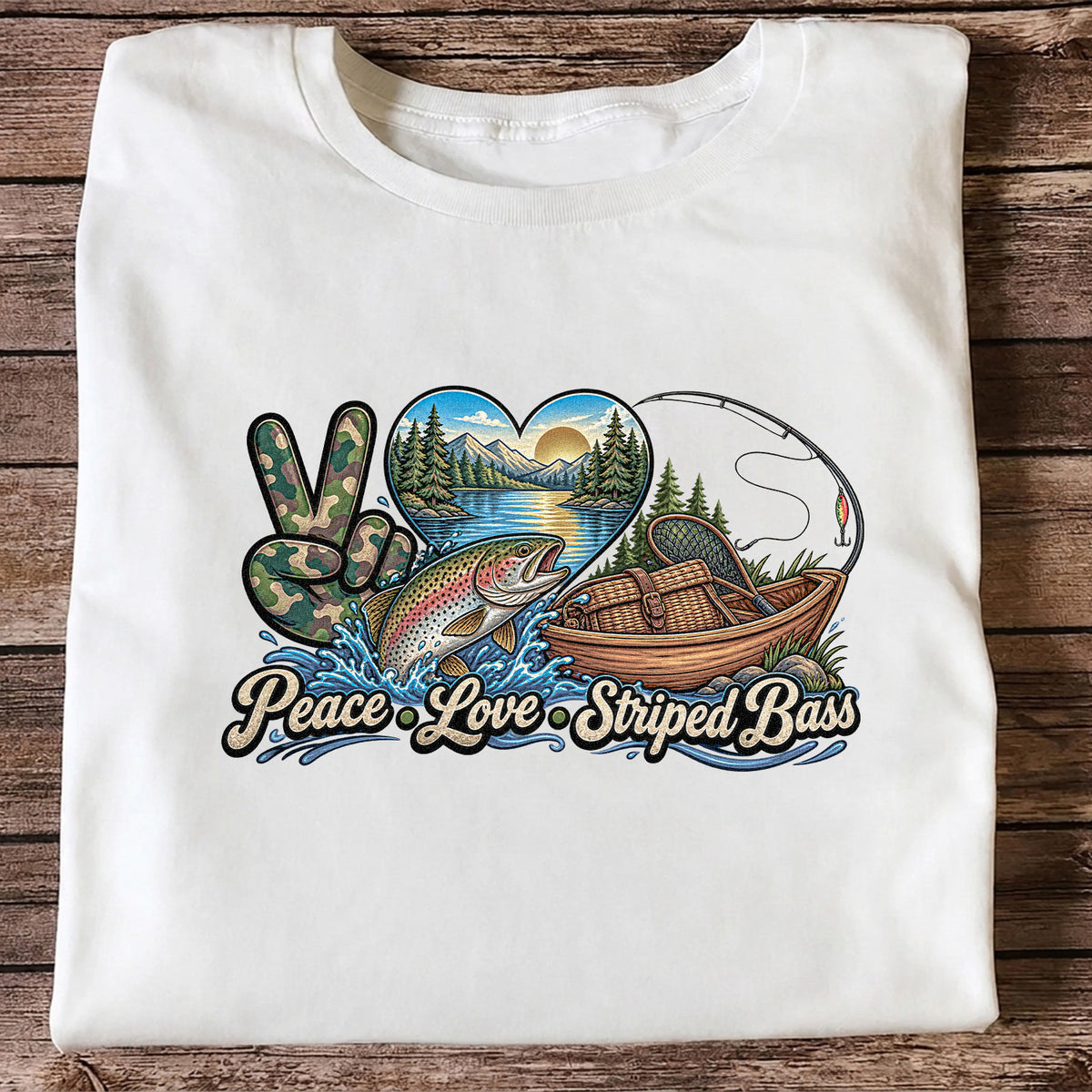 Peace Love Striped Bass Lake and Boat Fishing Graphic T-Shirt