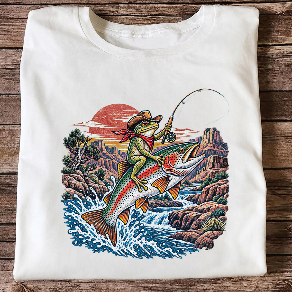 Cowboy Frog Riding a Rainbow Trout Canyon Fishing Graphic T-Shirt