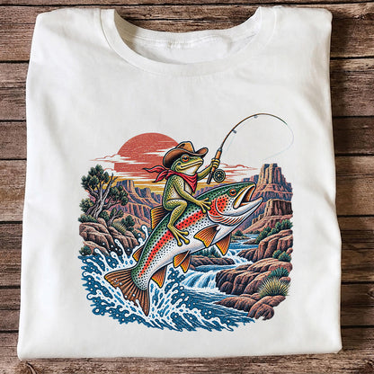 Cowboy Frog Riding a Rainbow Trout Canyon Fishing Graphic T-Shirt