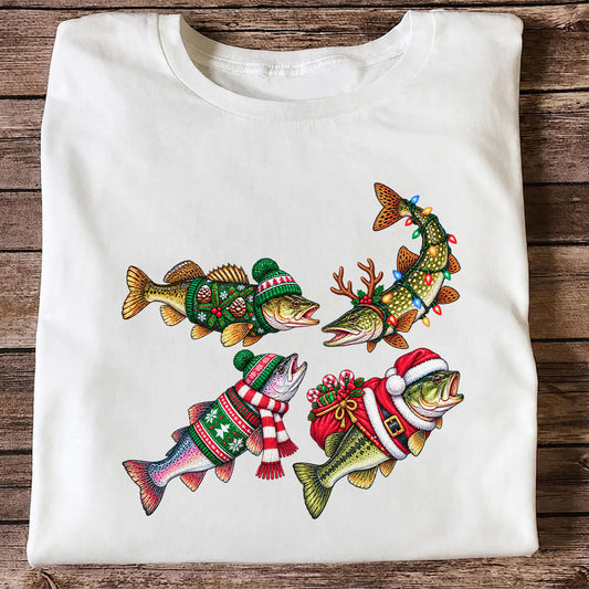 Festive Christmas Fish Wearing Holiday Sweaters Fishing T-Shirt