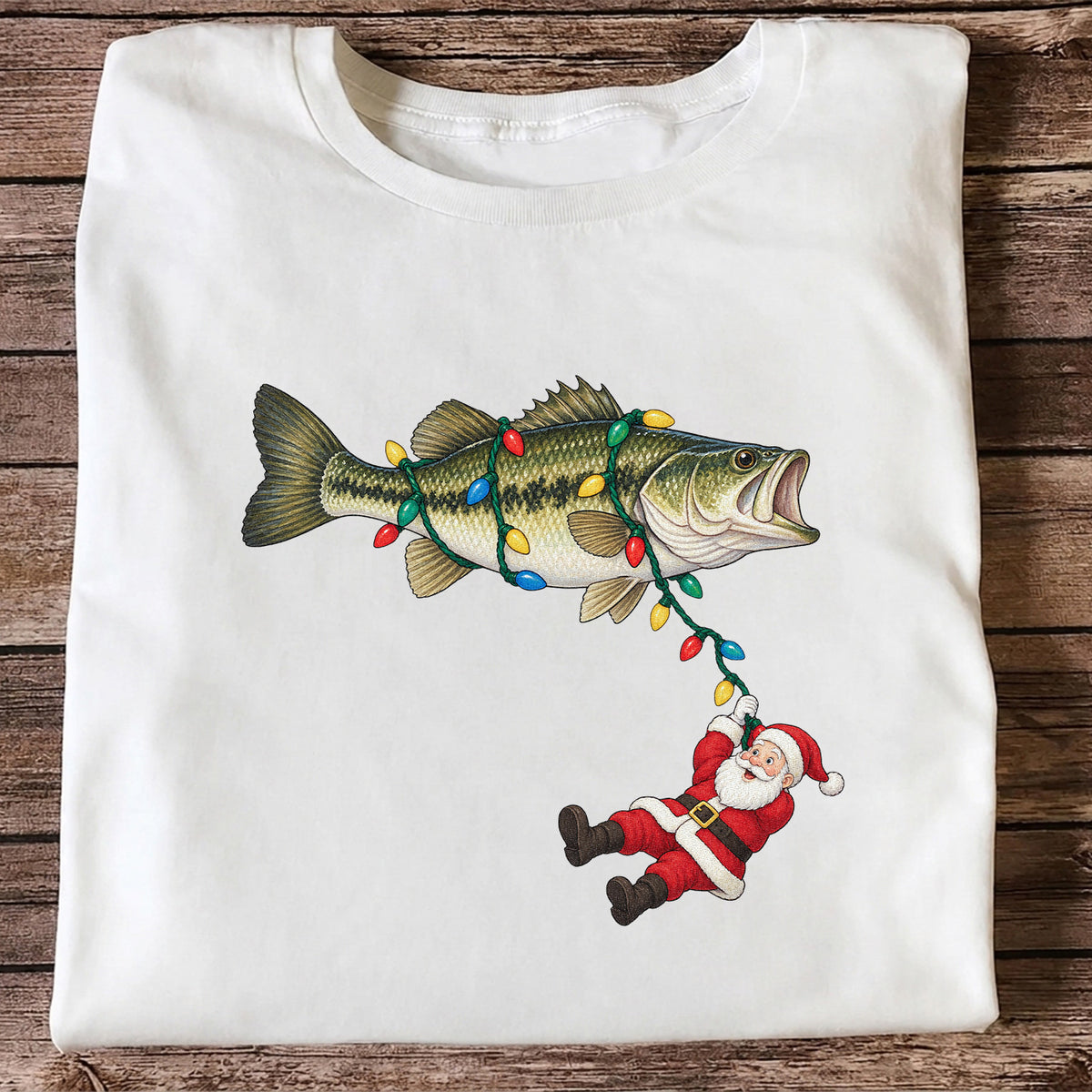 Santa Hanging from Christmas Lights on Bass Fishing Graphic T-Shirt