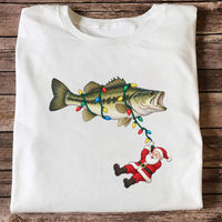 Santa Hanging from Christmas Lights on Bass Fishing Graphic T-Shirt