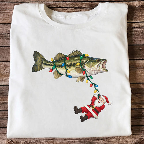 Santa Hanging from Christmas Lights on Bass Fishing Graphic T-Shirt