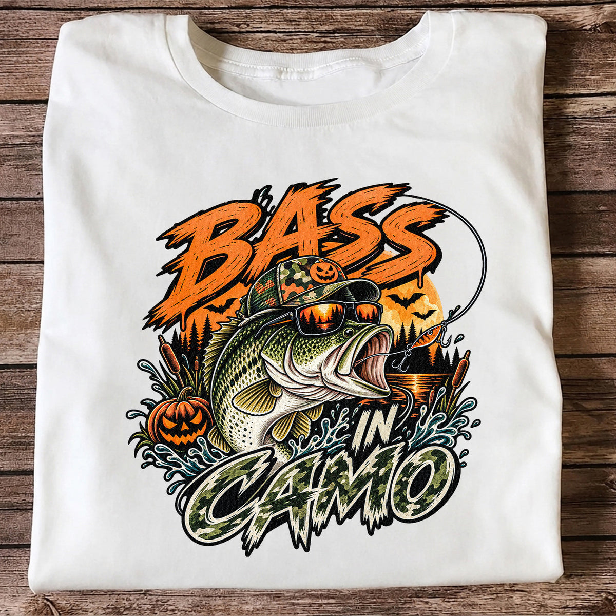 Bass in Camo Halloween Pumpkin Bass Fishing Graphic T-Shirt