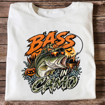 Bass in Camo Halloween Pumpkin Bass Fishing Graphic T-Shirt