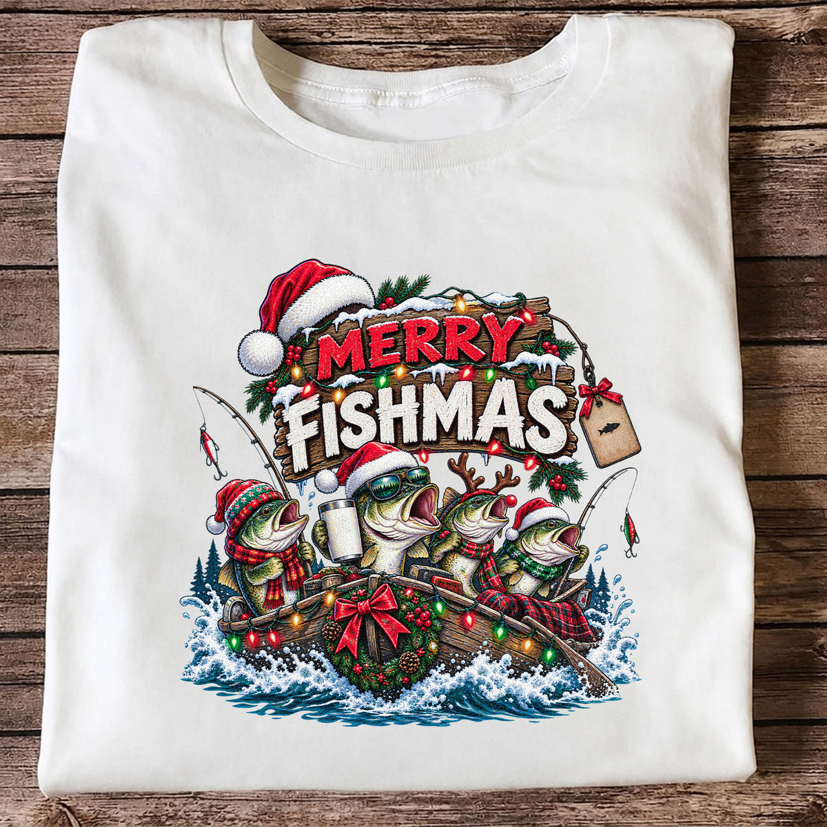 Merry Fishmas Christmas Bass in a Fishing Boat Graphic T-Shirt