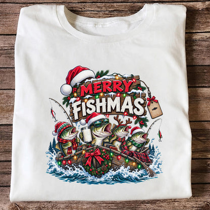 Merry Fishmas Christmas Bass in a Fishing Boat Graphic T-Shirt