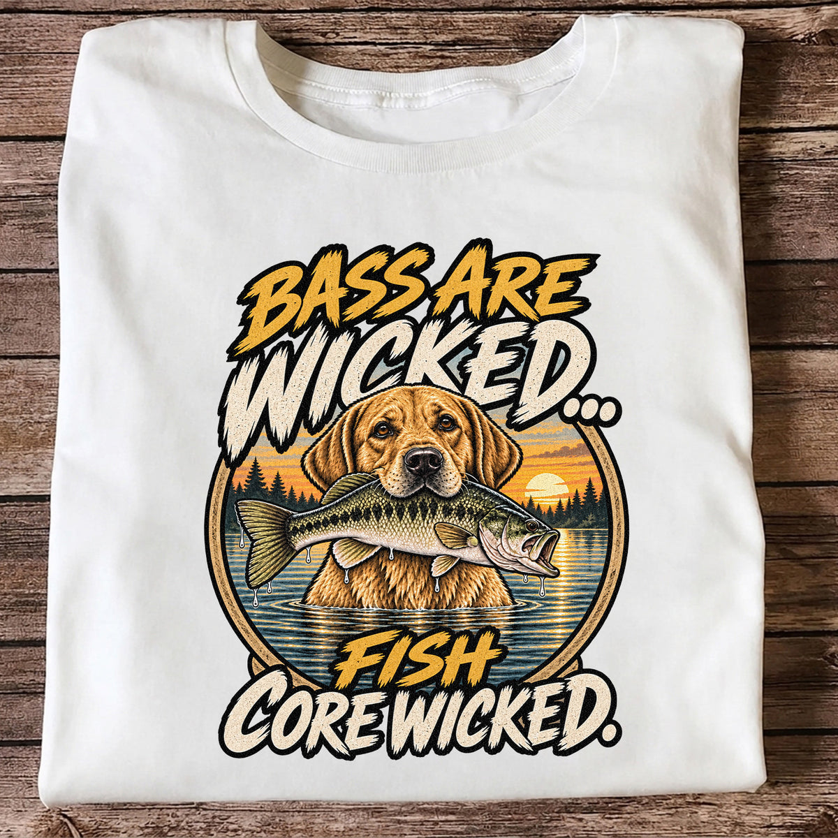 Bass Are Wicked Fish Core Wicked Dog Holding Bass Fishing T-Shirt