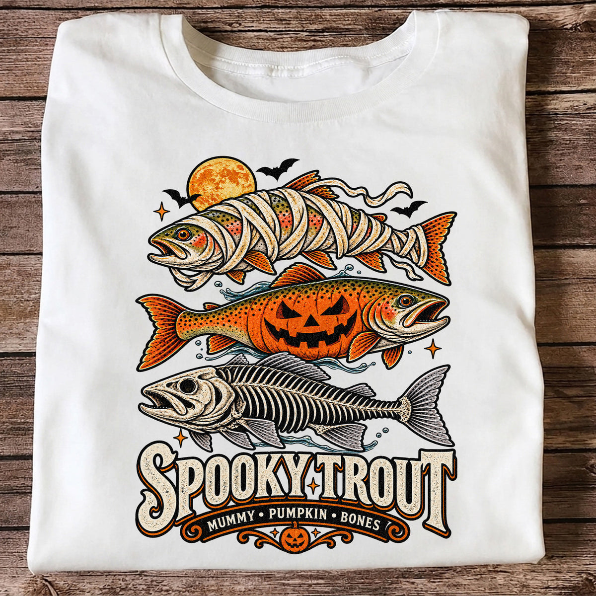 Spooky Trout Mummy Pumpkin Bones Halloween Fishing T-Shirt