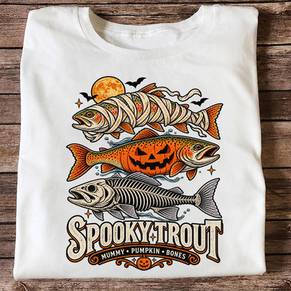 Spooky Trout Mummy Pumpkin Bones Halloween Fishing T-Shirt