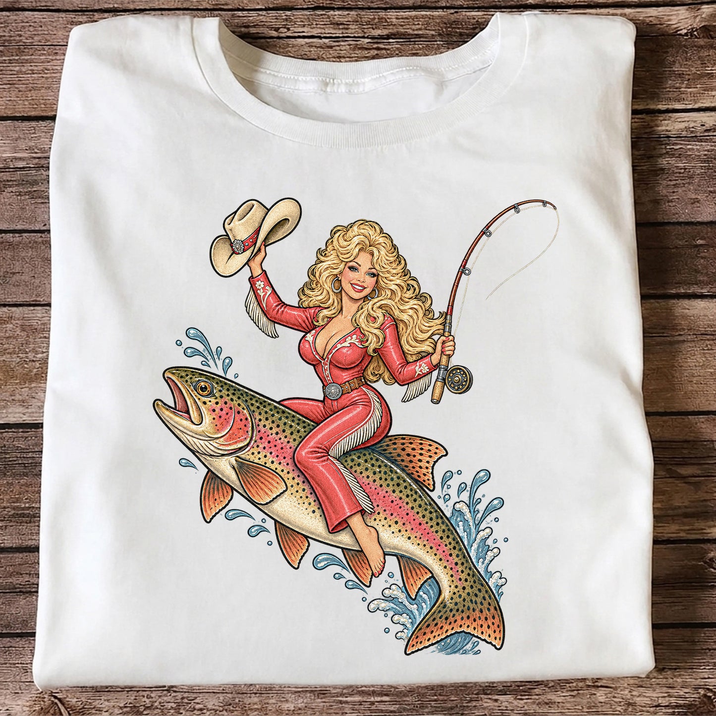 Cowgirl Riding a Rainbow Trout Western Fishing Graphic T-Shirt