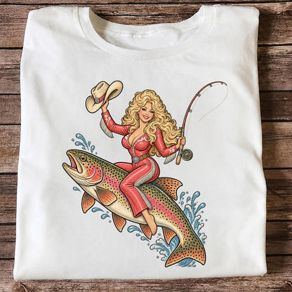 Cowgirl Riding a Rainbow Trout Western Fishing Graphic T-Shirt