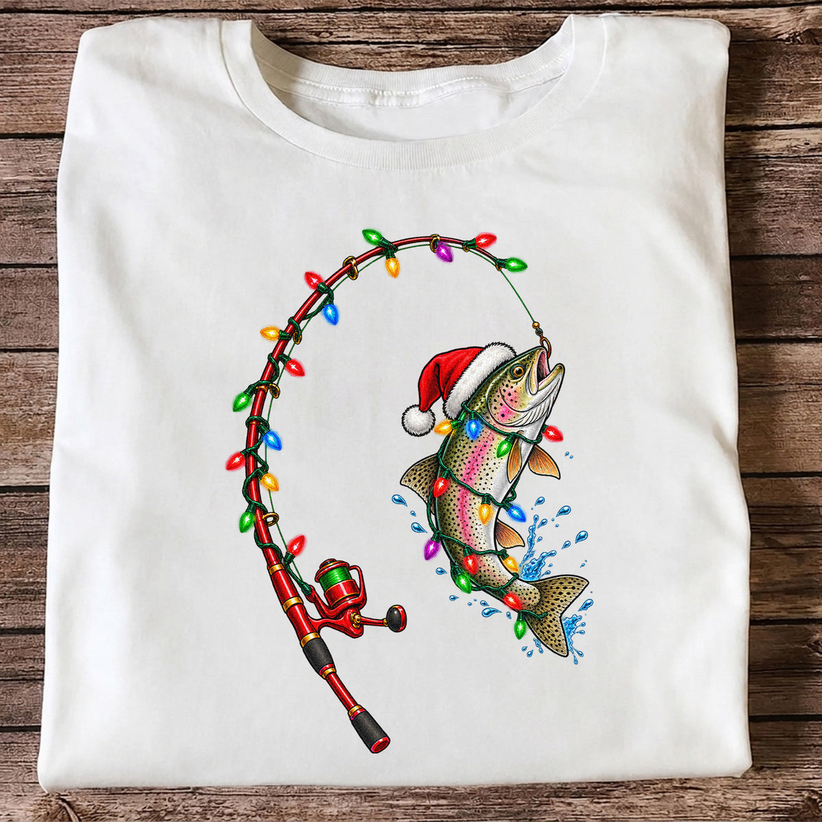Christmas Rainbow Trout with Santa Hat and Lights Fishing T-Shirt