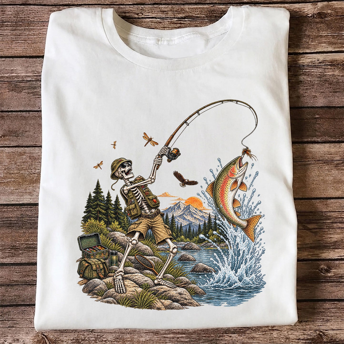 Skeleton Angler Catching Trout at a Mountain Lake Fishing T-Shirt