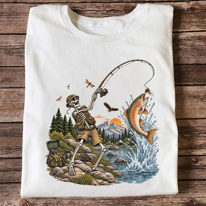 Skeleton Angler Catching Trout at a Mountain Lake Fishing T-Shirt
