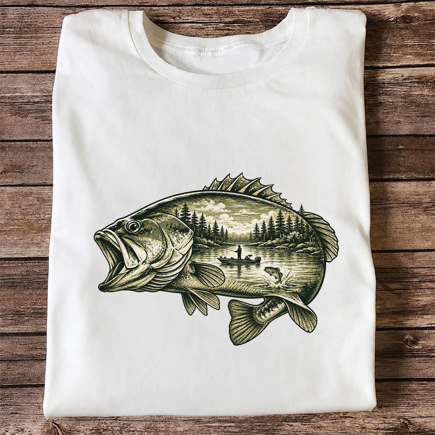 Vintage Bass Lake Fishing Scene Graphic T-Shirt