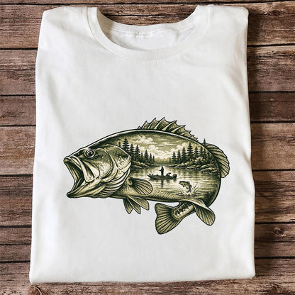 Vintage Bass Lake Fishing Scene Graphic T-Shirt