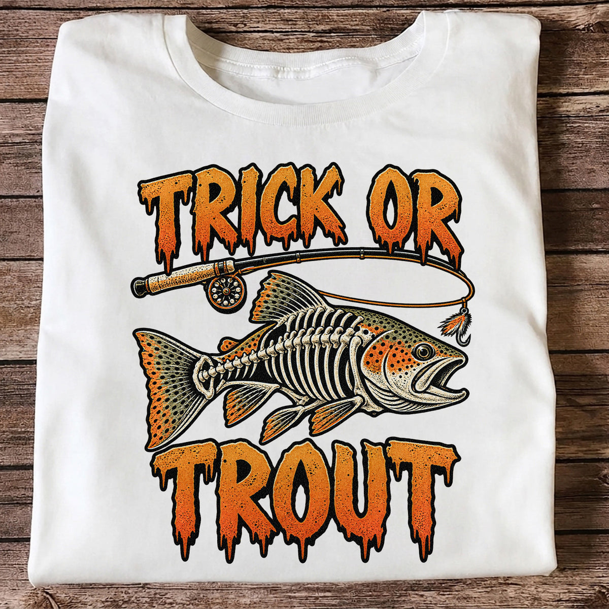 Trick or Trout Skeleton Trout Halloween Fly Fishing T-Shirt