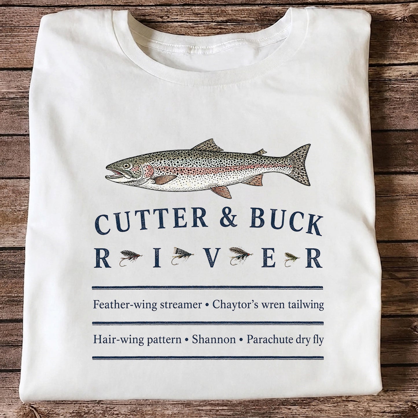 River Rainbow Trout and Classic Fly Patterns Fishing T-Shirt