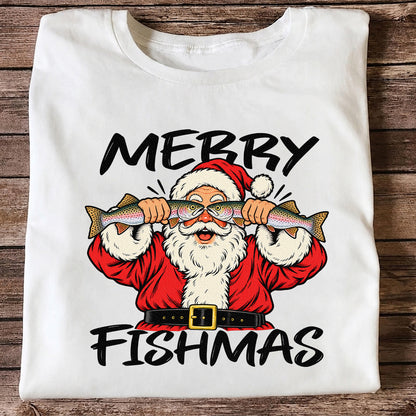 Merry Fishmas Santa Holding Rainbow Trout Christmas Fishing T-Shirt