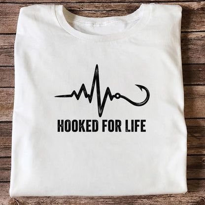 Hooked for Life Fishing Hook Heartbeat Graphic T-Shirt