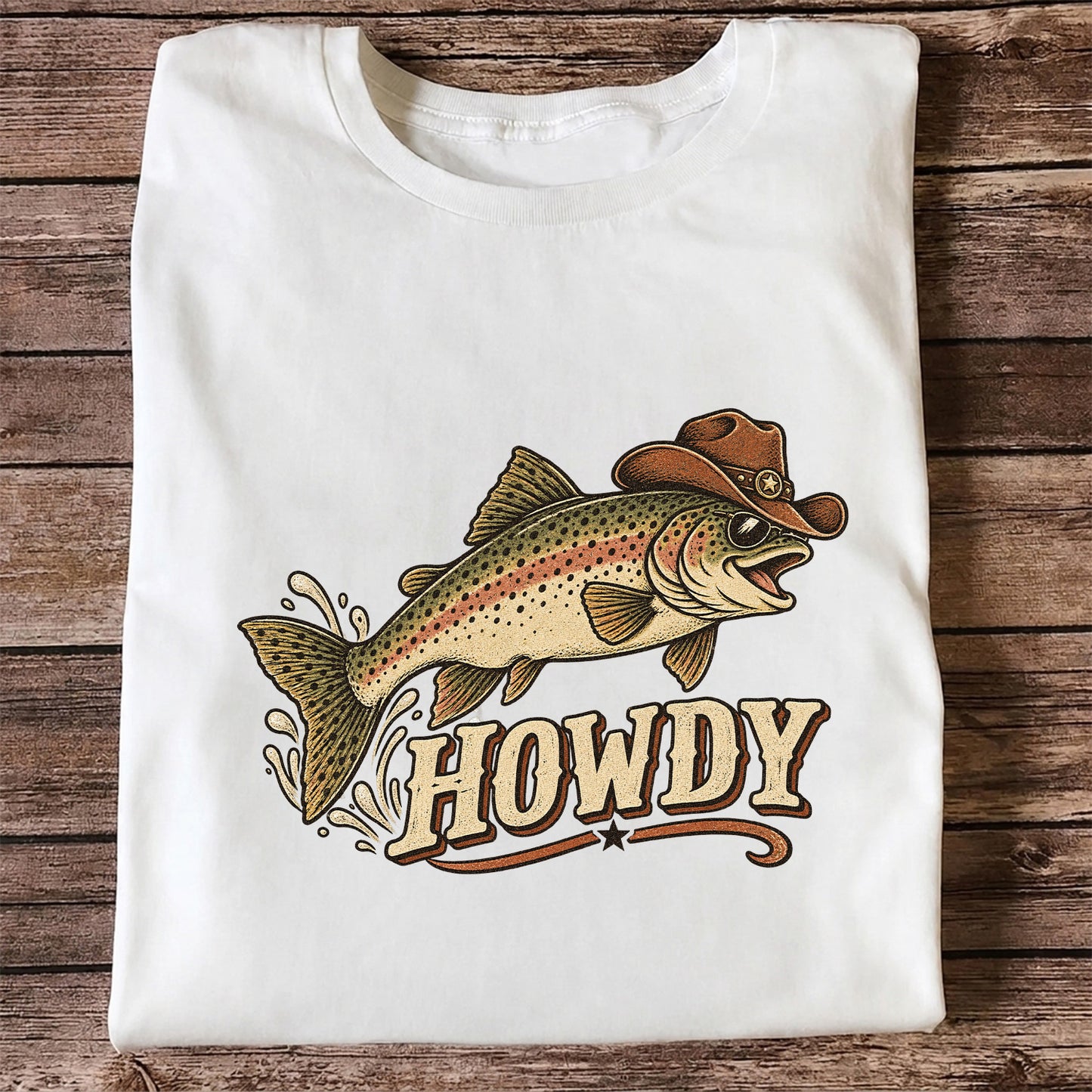 Howdy Cowboy Trout Vintage Fishing Graphic T-Shirt