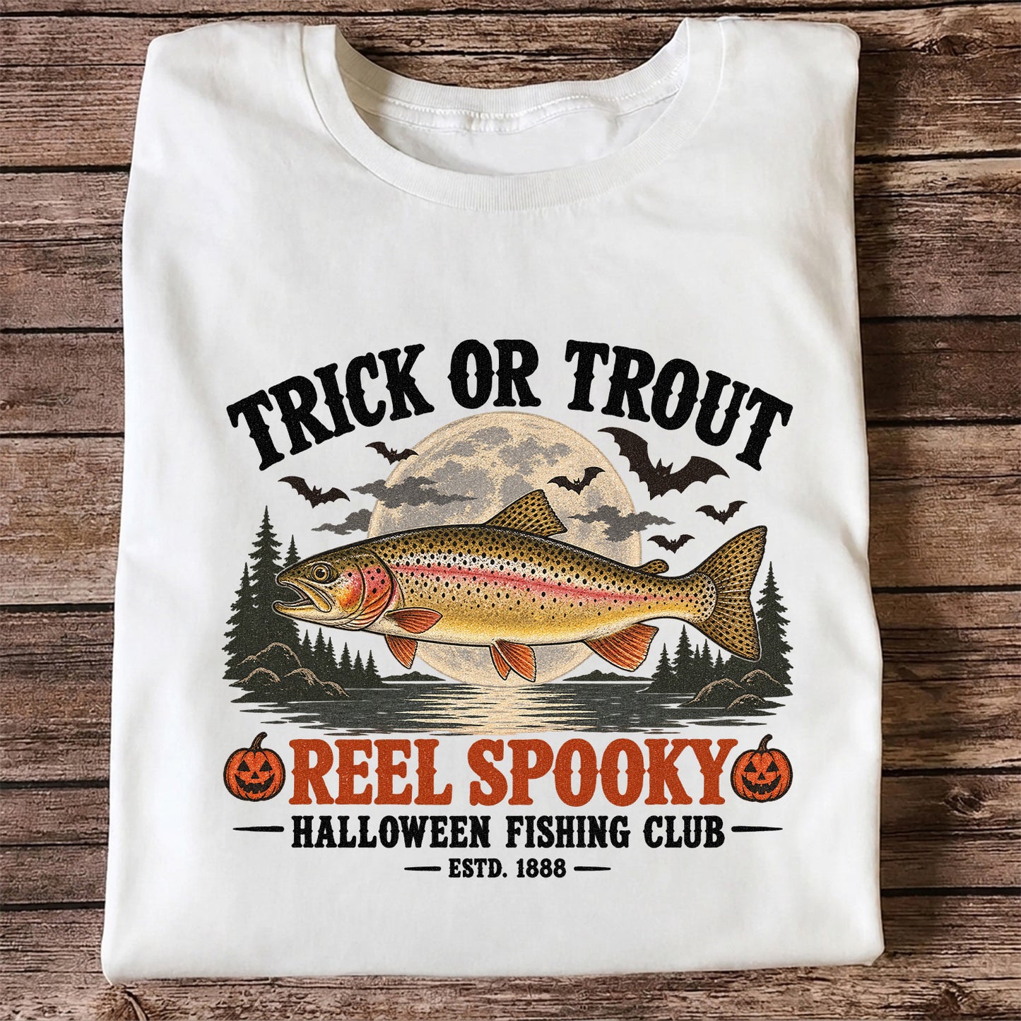 Trick or Trout Reel Spooky Halloween Fishing Club T-Shirt