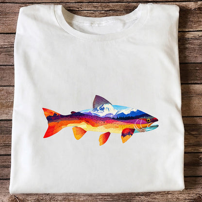 Mountain Sunset Trout Silhouette Fishing Graphic T-Shirt