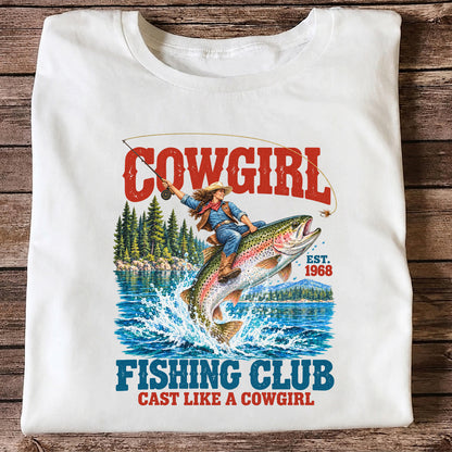 Cowgirl Riding Rainbow Trout Fishing Club T-Shirt