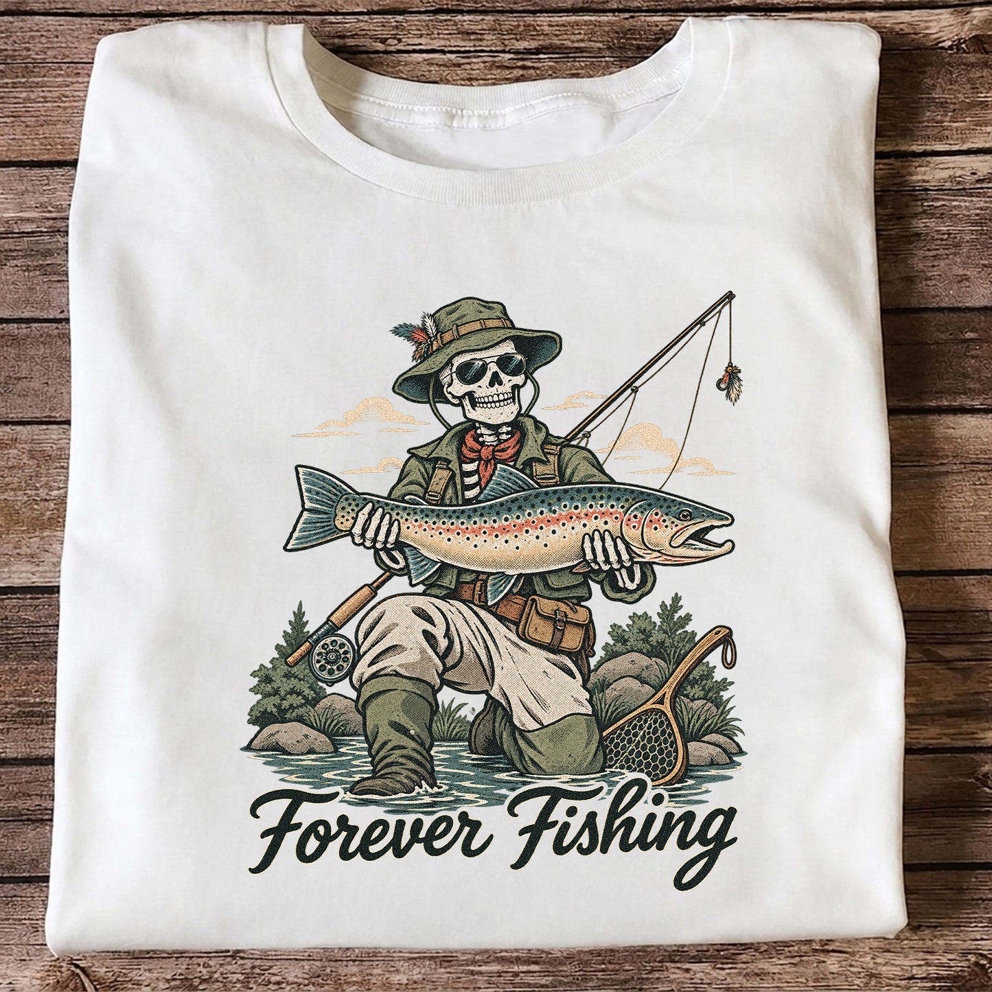 Forever Fishing Skeleton Angler Holding Rainbow Trout Graphic T-Shirt