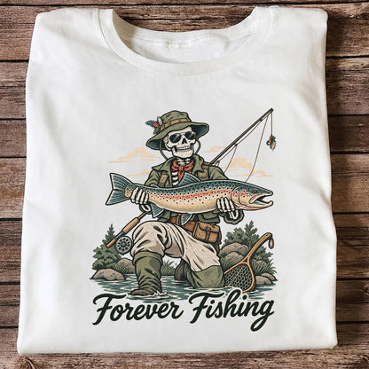Forever Fishing Skeleton Angler Holding Rainbow Trout Graphic T-Shirt