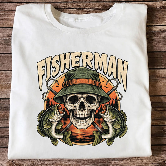 Fisherman Skull with Bucket Hat and Bass Fishing Graphic T-Shirt