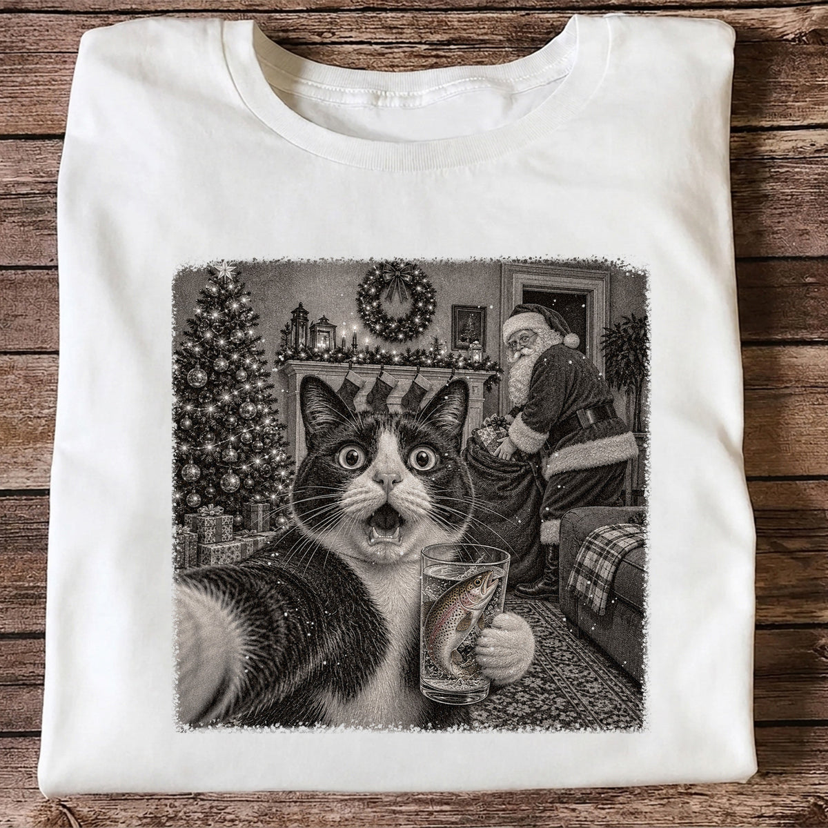 Christmas Cat Holding a Fish Mug Holiday Graphic T-Shirt