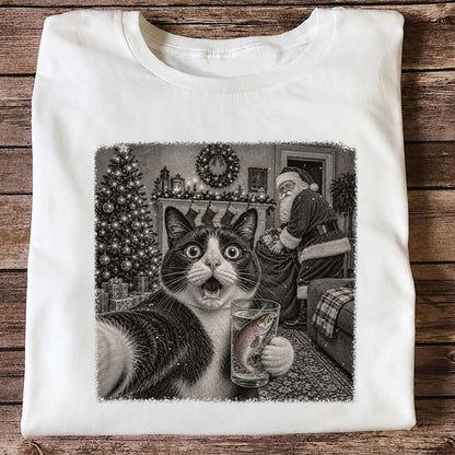 Christmas Cat Holding a Fish Mug Holiday Graphic T-Shirt