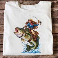 Cowgirl Riding a Largemouth Bass Fishing Graphic T-Shirt