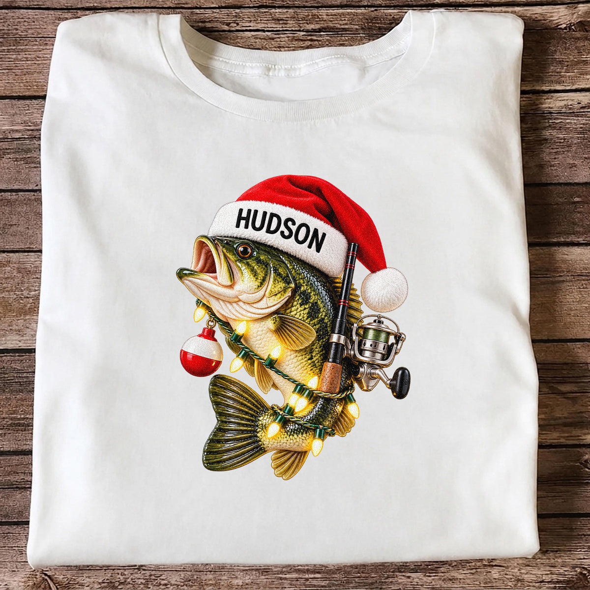 Hudson Santa Hat Bass Christmas Fishing Graphic T-Shirt
