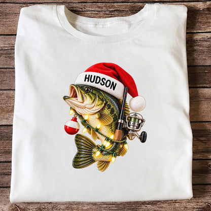 Hudson Santa Hat Bass Christmas Fishing Graphic T-Shirt