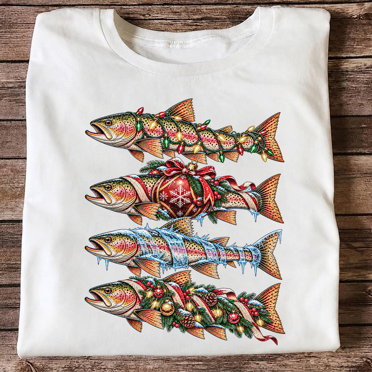 Christmas Rainbow Trout with Holiday Lights Fishing Graphic T-Shirt