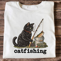Catfishing Smoking Black Cat with Fishing Rod Funny T-Shirt
