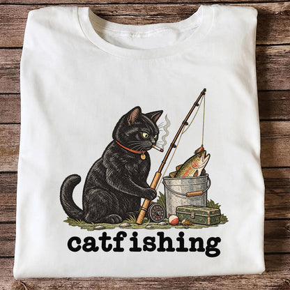 Catfishing Smoking Black Cat with Fishing Rod Funny T-Shirt